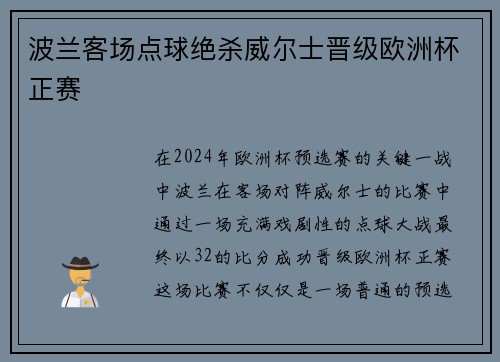 波兰客场点球绝杀威尔士晋级欧洲杯正赛