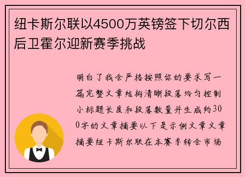 纽卡斯尔联以4500万英镑签下切尔西后卫霍尔迎新赛季挑战
